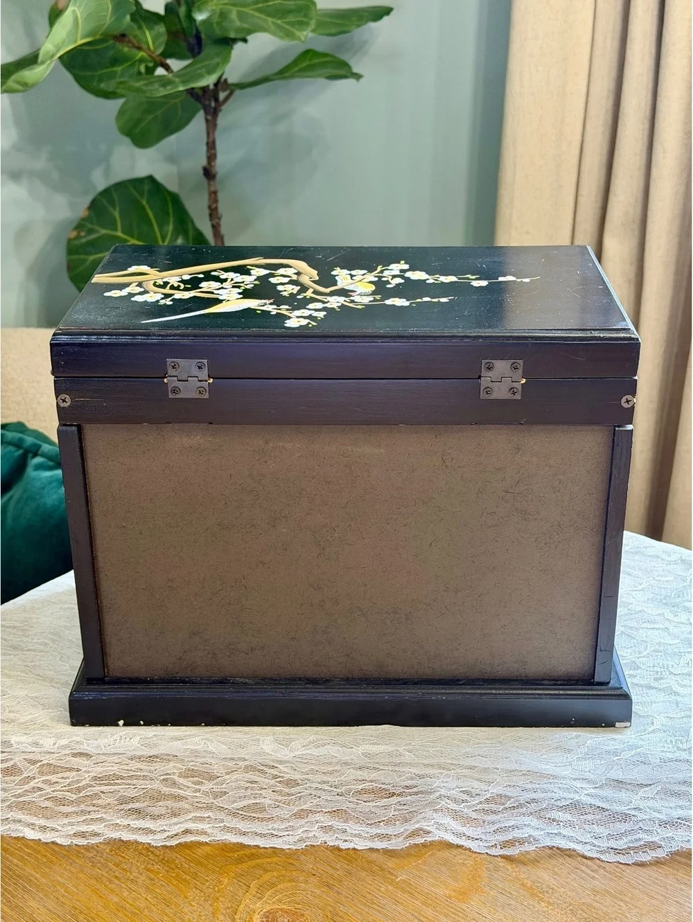 Vintage Chinese Lacquer Jewelry Box Hand Painted Birds Red Brocade